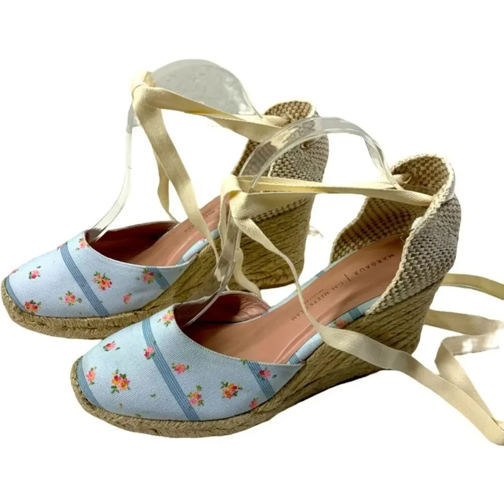 GAL MEETS GLAM x Margaux Blue Stripe Floral Espadrille Wedges Resort Vacay